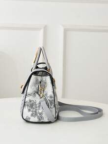 1 件女士纯色迷你方形包，时尚顶部提手斜挎包，迷你单肩钱包带扣装饰 - 灰色 - 查看 3