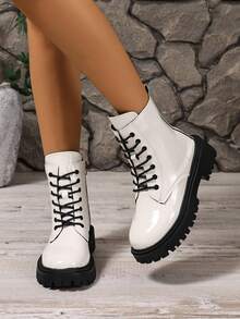 Women's Fashion Boots Lace-Up Thick Sole White Glossy PU Leather Ankle Boots Side Zipper Retro Motorcycle Boots