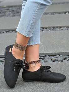 系带圆头女士时尚平底休闲一脚蹬优雅鞋 - 黑色 - 查看 5