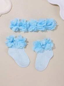 1pc Baby White Chiffon Flower Headband + 1 Pair Baby Hollow Out Socks