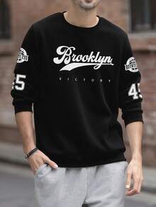 Men's "VICTORY" Graphic Print Crew Neck Pullover Sweatshirt, Streetwear Style, Autumn/Winter, Long Sleeve Top - Black - View 2