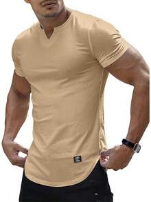 PLEPAN - Camisetas para hombre, manga corta, cuello en V, ajuste muscular, gimnasio, entrenamiento, atletismo, fresco, limpio, clásica, camisetas - Marrón - Ver 2