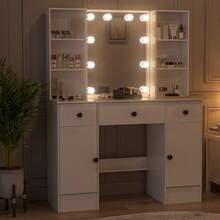 Modern Dressing Table Vanity Stool Set With LED Lights Mirror Shelf  Makeup Desk - White - View 6