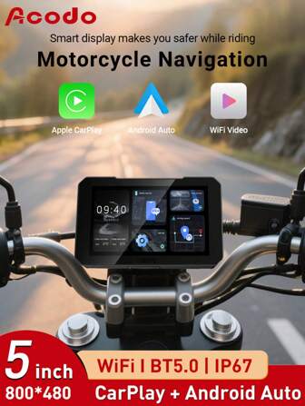 Acodo Acodo 2025 Nieuw 5-inch motorfietsdisplay met draadloos CarPlay en Android Auto, draagbare dashcam, IPX67