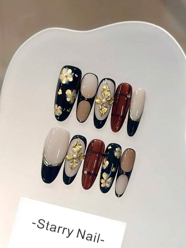 10pcs Handmade Oval Reusable Nail Stickers, Detachable Nail Art Decals For Casual Daily Wear, Includes Nail Tips Set