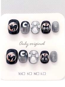 10 Pieces Of Cat Eye Black Press On Nails Wearable Oval Press On Short Nails Y2K Halloween Quality Nail Handmade Cat Fake Nail Pieces, Suitable For Girls Or Women To Wear On Holiday Or Mother'S Day Gifts Or Special Occasions Nail Supplies Nails