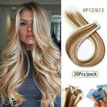 20 piezas Extensiones de cabello con cinta para mujeres, extensiones de cabello sintético Kanekalon de 24 pulgadas, disponibles en dos estilos: cabello ondulado y cabello liso, con tratamiento de rizado previo, elegantes extensiones de cabello ondulado y rizado con cinta, no se destiñen, sin costuras e invisibles para todo tipo de cabello 20 piezas/paquete 70g