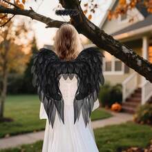 Halloween White Angel Wings With Halo And Fairy Stick, Black Feathered Angel Costume Suitable For Male And Female Cosplay - màu đen - Xem 4