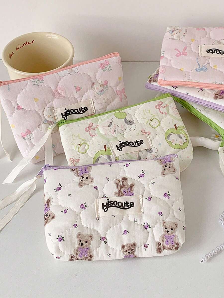 Cartoon Bear Quilted Coin Purse, Cute Mini Makeup Pouch, Bluetooth Earphone Case, Multi-Function Portable Coin Wallet - Multicolor - View 1
