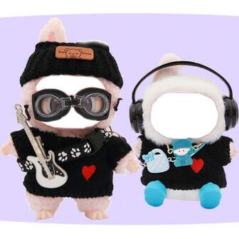 Interchangeable Baby Clothes And Accessories Set, Knitted Outfits With Goggles, Guitar, Headphones, Necklaces, Bags And Shoes Accessories, DIY Interactive Play, Suitable For 14cm-17cm Dolls