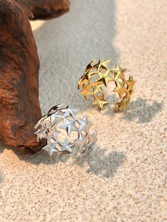 1 pieza Anillo de mujer de moda, joyería de acero inoxidable, enchapado en oro de 18 quilates, color amarillo, ideal para fiestas, diseño creativo de estrella, tamaño ajustable, adecuado para el Día de la Madre, Día del Maestro, San Valentín, joyería elegante y encantadora para San Valentín