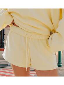 Women Athletic Shorts Loose Fit Solid Color Drawstring Sweatshorts For Yoga Running - 黃色 - 查看 4