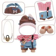 Latzhosen-Set mit Haarzubehör, Umhängetasche, Schuhe (ohne Plüschpuppe, nur Kleidung und Accessoires)