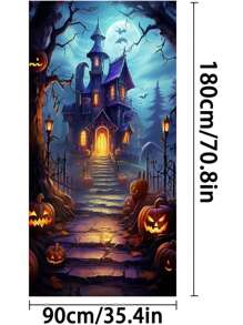 1pc-Pumpkin Castle Bat Halloween Door Cover - Gothic Polyester Banner With Vintage Horror Design, Spooky Outdoor/Indoor Decor For Haunted House & Halloween Party Entrance
