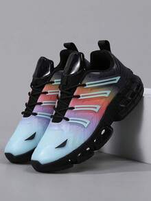 秋冬女士优质彩虹低帮系带运动鞋，经典舒适透气软底休闲网球跑步运动鞋，适合所有季节。时尚气垫减震百搭鞋 - 黑藍 - 查看 5