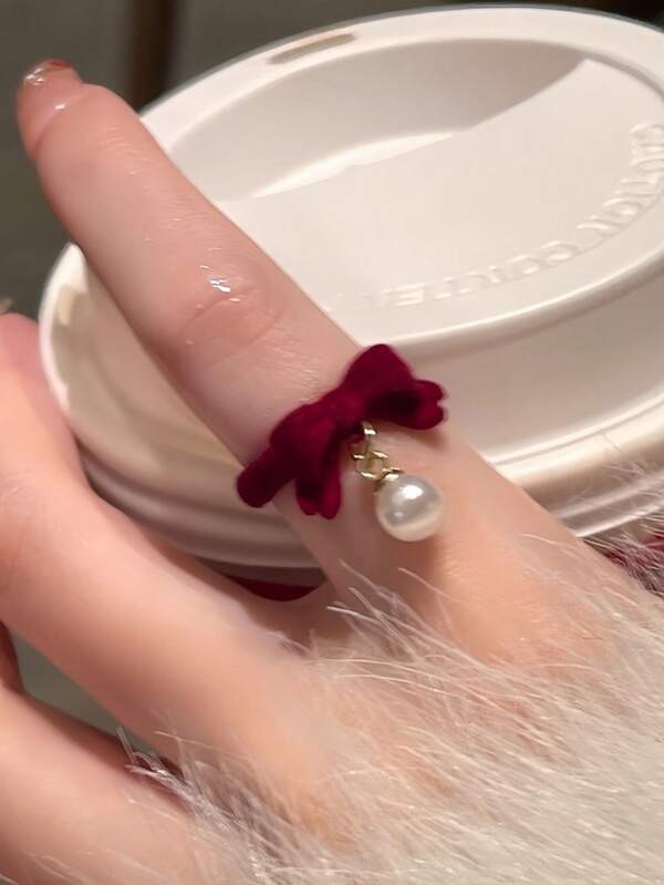 1 pieza Anillo ajustable abierto con lazo de terciopelo y perla, adecuado para uso diario, festivales y fiestas de mujeres