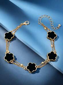 1pc Men's Lucky Clover Beaded Bracelet, Stylish Business Casual Wristband, Everyday Wear & Gift Valentines,Mom,Mother,Mother's Day,Gift(Random Beads For The First Layer) - Gold and Black Bracelet - View 4