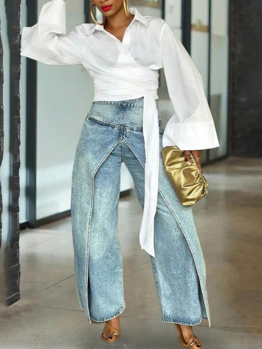 GLOURI Barrel Jeans For Women, Baggy Jeans - 2 In 1 High Waist Vintage Washed Denim With Faux Two-Layer Overlay Design & Side Zipper | Urban Explorer Pants For Weekend Street Style - 藍色 - 查看 1