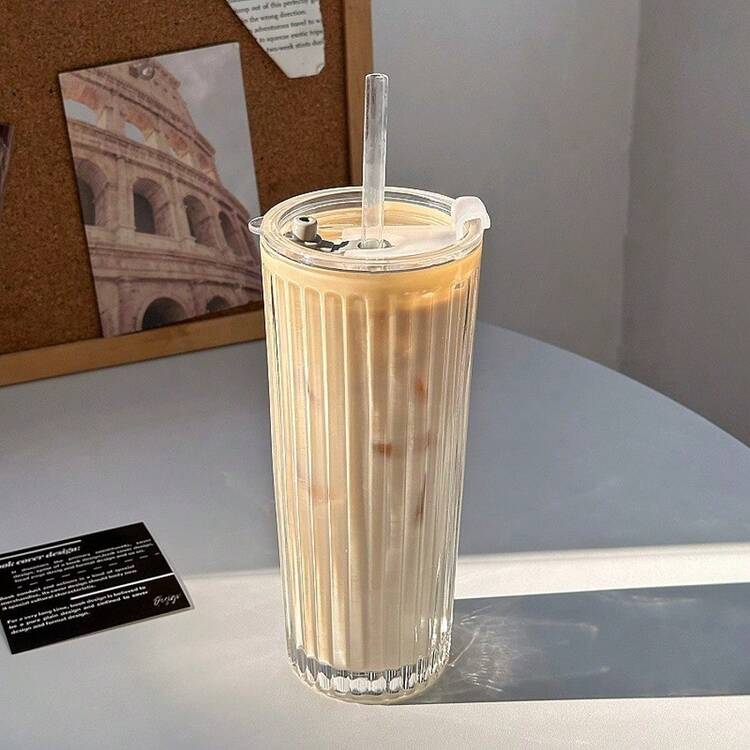 1个600ml大容量简约风格冰晶吸管杯，透明玻璃杯带盖带吸管，办公室水杯 - 無色 - 查看 11