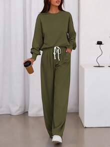 Womens 2 Piece Sets Long Sleeve Sweatshirt Wide Leg Pants Loose Matching Lounge Set  Fall Outfits - Army Green - View 2