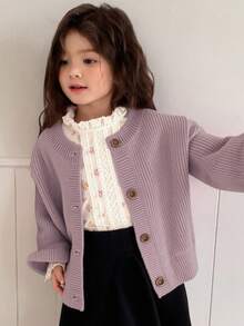 Dazy Kids Young Girl Solid Color Drop Shoulder Long Sleeve Single-Breasted Casual Cardigan, Autumn/Winter - Brown - View 3