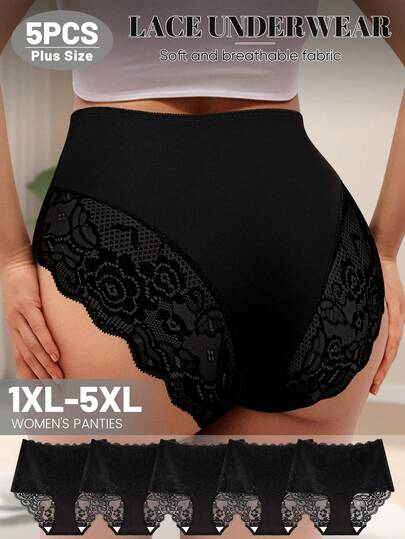 MEIYATING 5pcs/Pack Plus Size Women's Lace Panties, High Waist Tummy Control, Floral Hollow Out Sexy Underwear