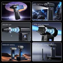 160,000 RPM Turbo Hair Dryer - Brushless Motor, 52m/S 4-Speed Wind, LED Light, 6000mAh Battery, Multi-Nozzle, Handheld Digital Display Fan For Computer/Dust/Car/Leaf Cleaning