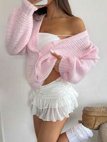 大尺碼女款鏤空針織開襟外套，秋冬V領前扣長版泡泡袖寬鬆休閒毛衣外衣 - 淺粉色 - 查看 2