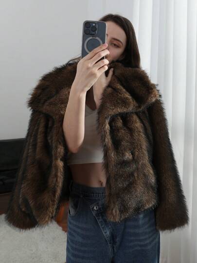 Chaqueta de mujer de imitación de piel para otoño e invierno, con cuello vuelto, manga larga, estilo vintage