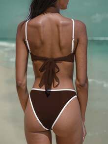 Women Simple Spliced Tie Back Sexy Girls Bikini Set High Waist Bathing Suits Beach Outfit Female Swimwear Coffee Color Backless Larger Size