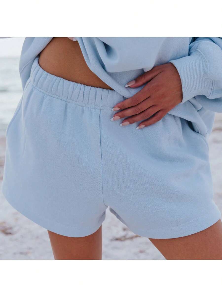 Women Athletic Shorts Loose Fit Solid Color Drawstring Sweatshorts For Yoga Running - 天藍色 - 查看 1