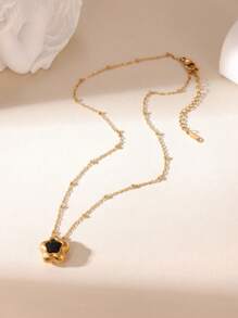 GEREIT 1pc 18k Gold Stainless Steel Flower Zirconia Pendant Necklace For Women, Versatile For Daily Wear