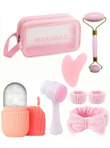 8-Piece Facial Cleansing And Massage Set, Including A Reusable Silicone Facial Ice Roller, A Face Wash Headband Wristband, A Face Cleansing Silicone Face Wash Brush, And A Face Wash Storage Bag, Portable Skin Care Headband Set For Women,Beauty,Skin Care Products,Spa,Self Care,Skin Care Tools,Face Care,Esthetician Supplies,Massage,Face Massage Tool,Face Roller