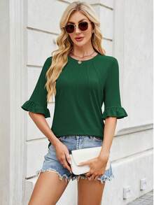 YESFASHION Womens 3/4 Length Sleeve Tops Loose Fit Casual Crew Neck Pleated Shirts Ruffle Tunic Blouses Dark Green - 墨綠色 - 查看 4