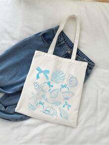 1pc Foldable Reusable Tote Bag With Blue Bowknot Pattern, Large Capacity Casual Grocery Bag, Minimalist Bohemian Style Handbag Suitable For Work, Travel, Shopping, School And More - Beige - View 9