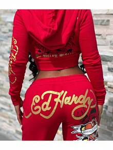 Brand Street Skull Love Printing Basic Zipper Short Cardigan High Waist Straight Trousers Two-Piece Set Women - 紅色 - 查看 5