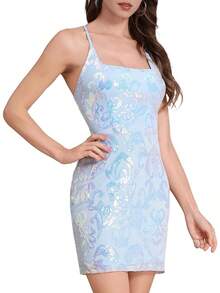 Sequin Homecoming Dresses Teens Women Sparkly Strap Bodycon Cocktail Party Night Prom Dress Vestidos De Fiesta ElegantesHalloween Christmas New Year - Sky Blue - 查看 2