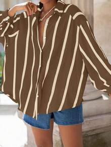 Áo sơ mi nam kẻ sọc oversized cho nữ, áo cánh cài nút phía trước ngắn phía sau dài, thường ngày, phù hợp cho mùa xuân, hè, thu - Dải mơ nâu - Xem 4
