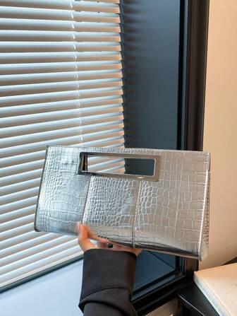 时尚简约鳄鱼压纹闪亮手拿包，百搭小方形手提包，适合女性日常通勤和工作