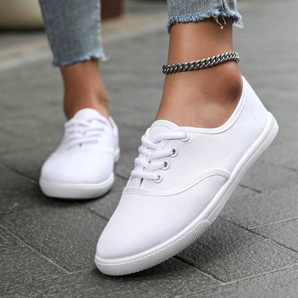 Zapatos planos de lona de unicolor para mujer, zapatos con punta redonda con cordones, transpirables y antideslizantes, zapatos planos clásicos de lona para mujer, zapatos casuales de cordones de unicolor y parte superior baja, calzado cómodo para mujer