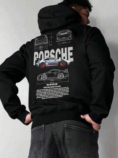 Sudadera Con Capucha De Cuello Redondo Para Hombre Con Estampado De Speed Life PORS CHE Bolsillo Canguro Y Cordón, Manga Larga, Suelta Y Casual, Ideal Para Regalar Como Ropa De Hombre