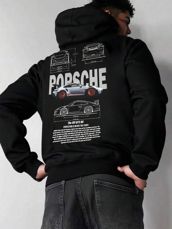 Sudadera Con Capucha De Cuello Redondo Para Hombre Con Estampado De Speed Life PORS CHE Bolsillo Canguro Y Cordón, Manga Larga, Suelta Y Casual, Ideal Para Regalar Como Ropa De Hombre