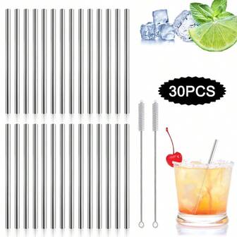 30pcs 304 Stainless Steel Short Straw Set - With Straw Brush, Silver Cocktail Straws, Reusable For Soda/Coffee/Juice/Milk, Suitable For Coffee Cups, Small Glasses Or Stemware