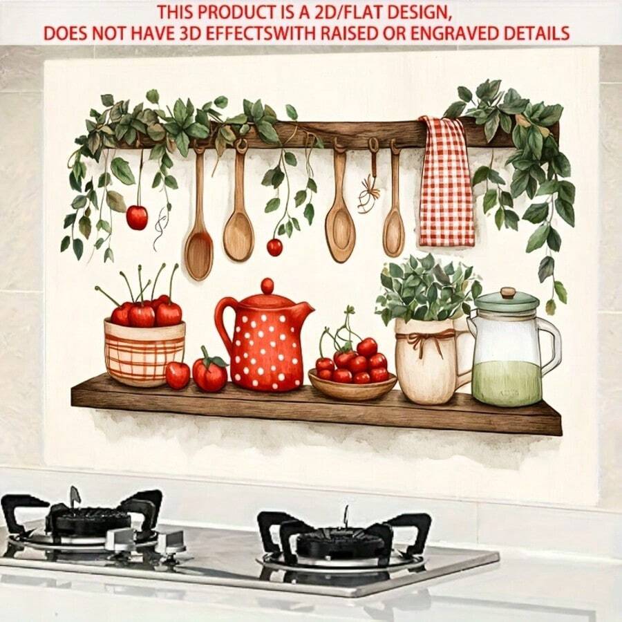 1pc Watercolor Kitchen Sticker, 2D Flat Design, Oil-Resistant PVC, Red Teapot And Cherry Pattern With Wooden Spoon, Natural Country Style Home Decor, Suitable For Kitchen And Dining Room, Kitchen Wall Decoration