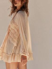 Womens Y2K Sheer Mesh Frill Shirt Tops Solid Color See Through Long Puff Sleeve V Neck Ruffle Hem Loose Fit T Shirts Blouses Boho Peplum Shawl Shirts With Scarf Set Fall Going Out Tops Beach Cover Up Vacation Streetwear - 藕粉色 - 查看 2
