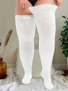 Tất cao đến đùi cỡ lớn dành cho người có đùi to, tất dệt kim dày, rộng và dài, tất ấm áp - trắng - Xem 2