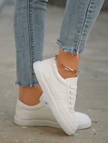 Women's Fashion Ins-Style Flat Platform Shoes, Lace-Up Low-Top Striped Pattern Casual Sneakers, Suitable For Campus, Student, Daily Commute, Outdoor And Other Occasions