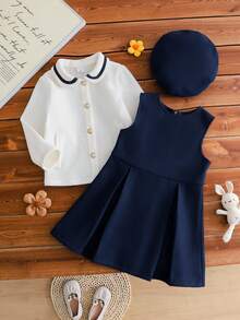 3pcs Girls Princess Outfit Set: Long Sleeve Jacket, Sleeveless Dress, Cute Mini Hat