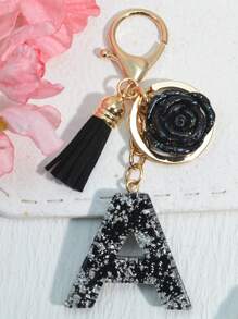 1pc Contrast Color Resin Letter Key Chain, Fashion Bag Pendant With Butterfly Tassel Pom Pom, Gift For Friends School Car Accessories Cute Goth Y2k - Contrasting Colors - View 12