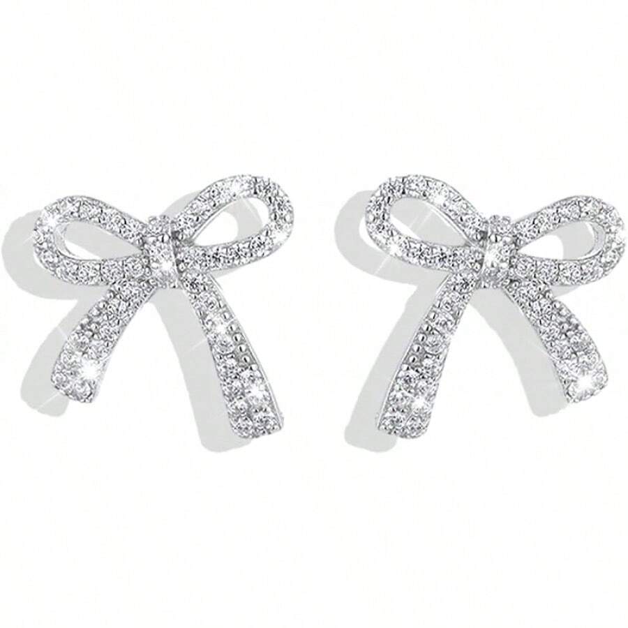 Bow Earrings For Women Sparkly Rhinestone Chain Tassel Earrings Cute Ribbon Stud Earring Daily Party Jewerly Gifts Christmas Stocking Stuffers - A2:silver Bow Stud Earrings - View 1
